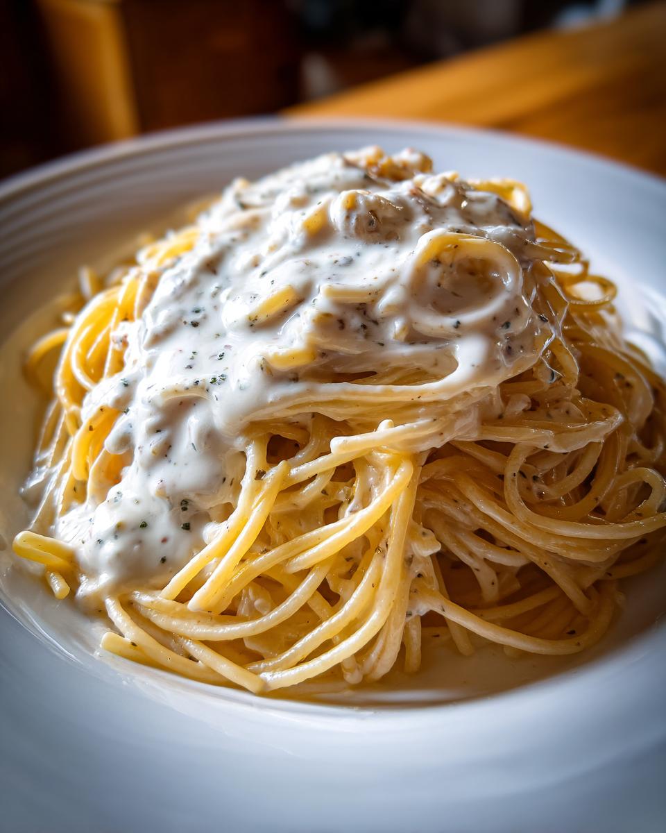 Nahaufnahme von cremigen Spaghetti mit Frischkäse und Knoblauch in einer weißen Schüssel.