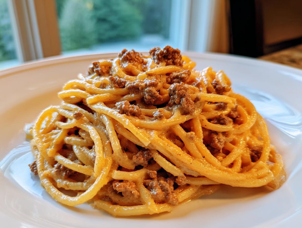 Cremige Spaghetti mit Hackfleisch in Frischkäsesauce, appetitlich auf einem weißen Teller angerichtet.
