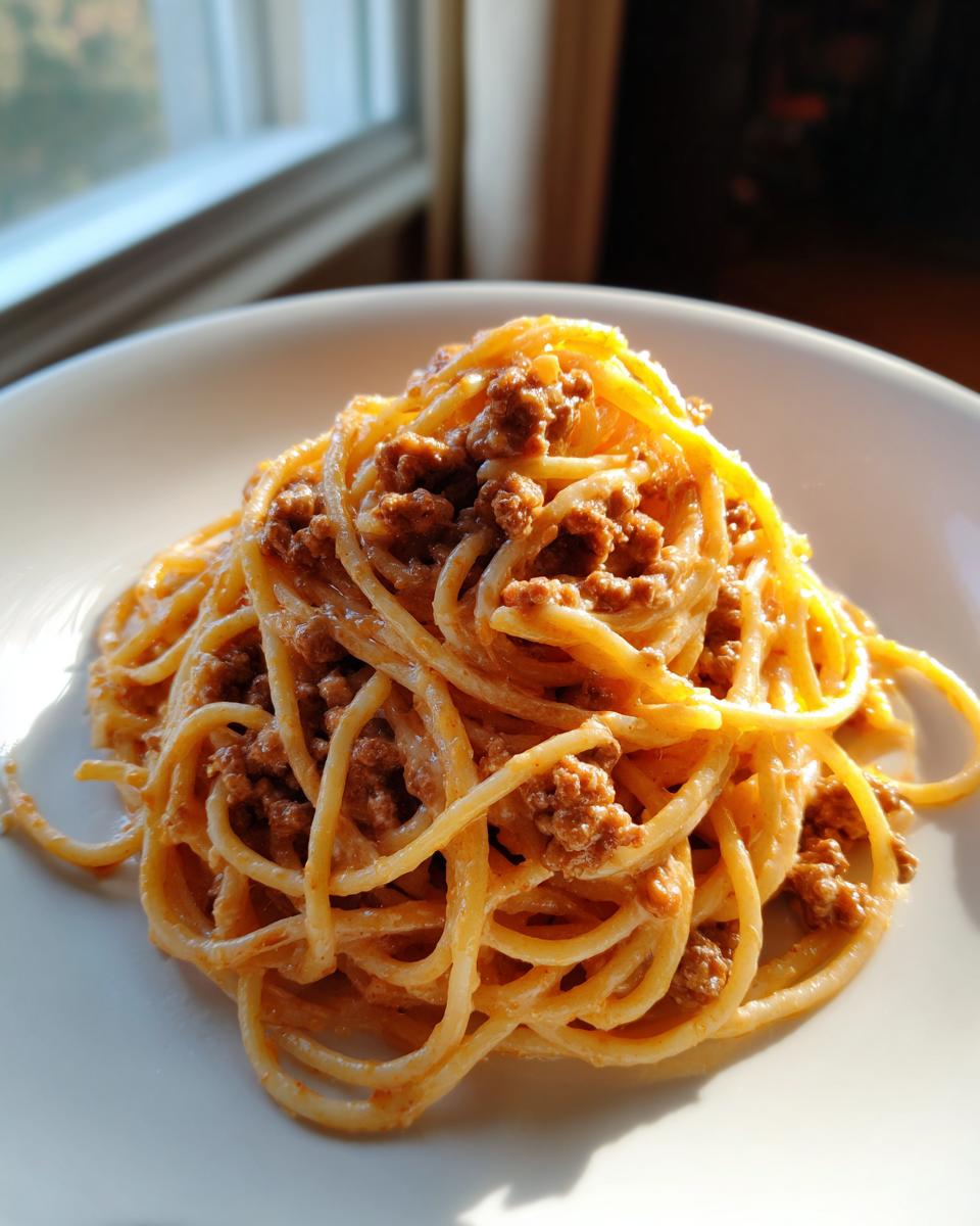 Nahaufnahme von perfekt angerichteten Spaghetti mit Hackfleisch in cremiger Frischkäsesauce auf einem weißen Teller.