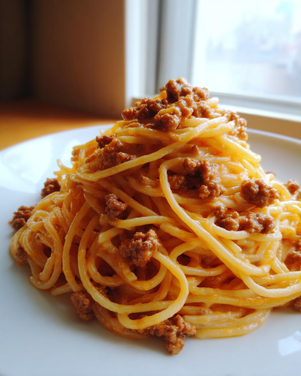 Ein Teller mit cremigen Spaghetti mit Hackfleisch in Frischkäsesauce, appetitlich angerichtet.