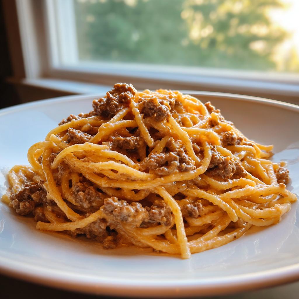 Teller mit Spaghetti mit Hackfleisch in Frischkäsesauce, appetitlich angerichtet.