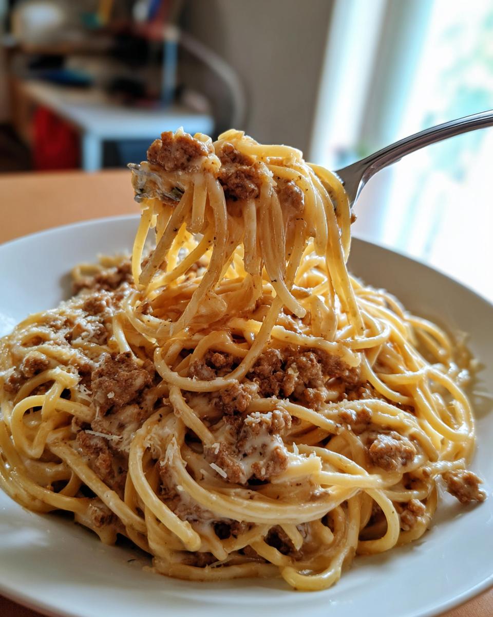 Eine Gabel voll cremiger Spaghetti mit Hackfleisch-Parmesan-Creme wird aus einem weißen Teller gehoben.