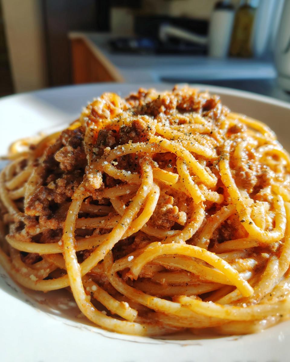 Nahaufnahme von Spaghetti mit Hackfleisch-Parmesan-Creme, reichlich bestreut mit Pfeffer und Parmesan.