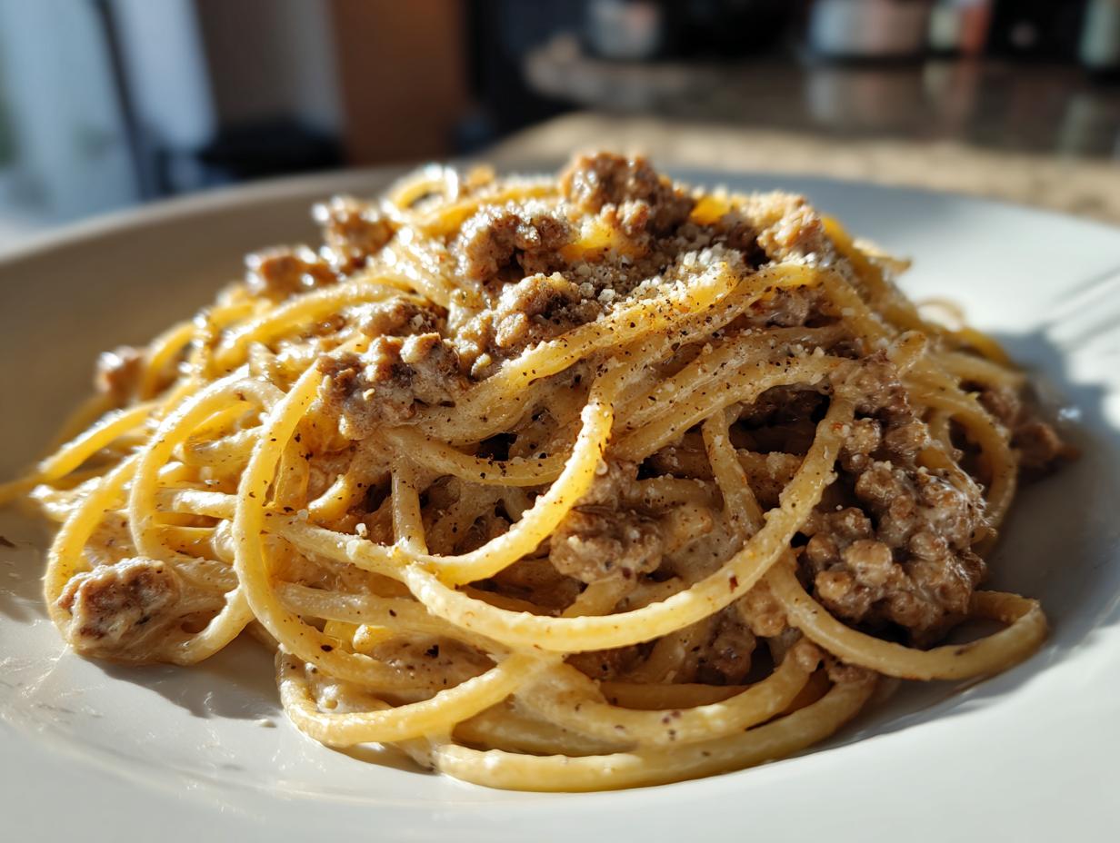 Nahaufnahme von cremigen Spaghetti mit Hackfleisch und Parmesan, das Hauptgericht Spaghetti mit Hackfleisch-Parmesan-Creme.
