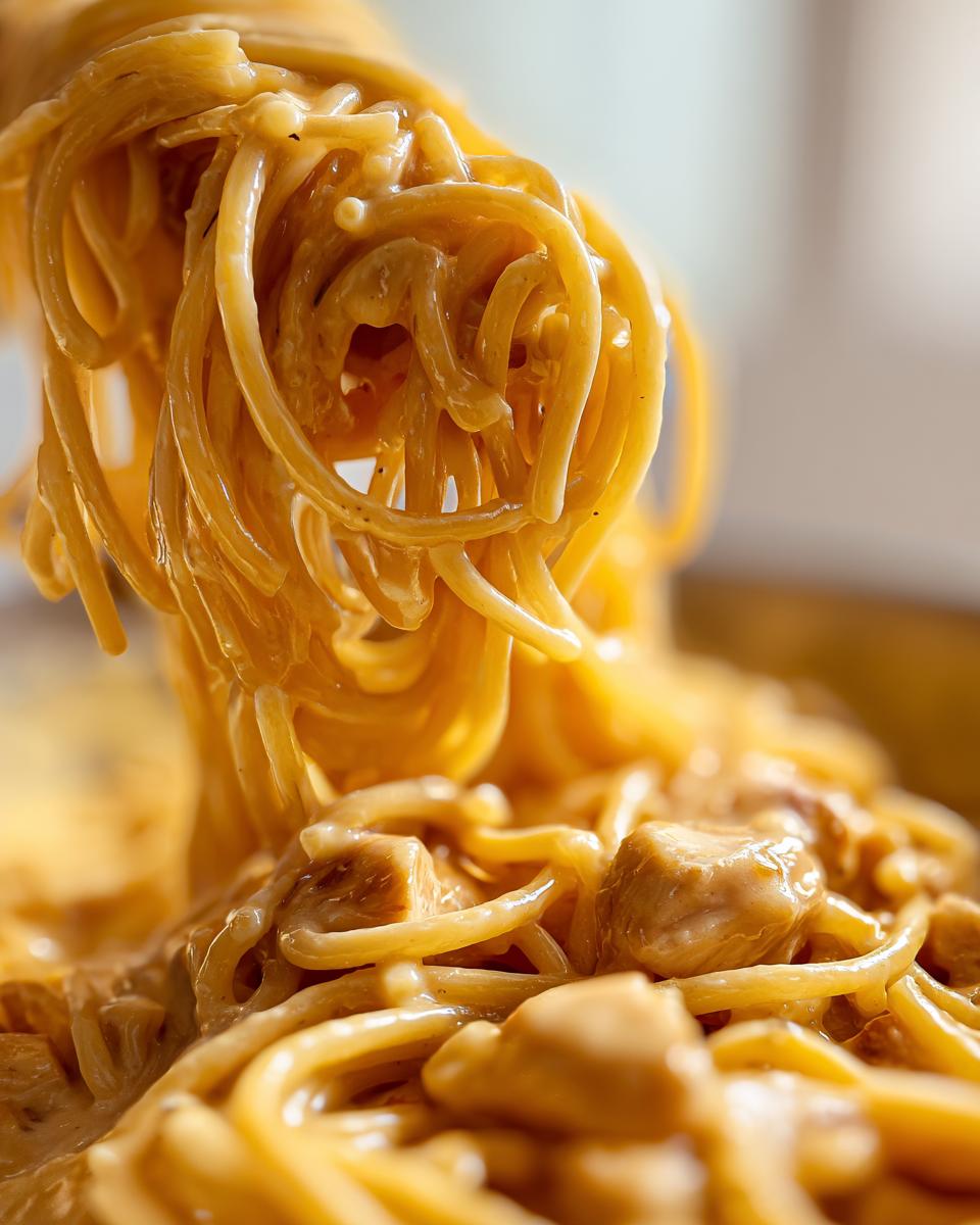 Nahaufnahme von Spaghetti mit Hähnchen in cremiger Zitronenrahmsoße, die gerade hochgezogen werden.