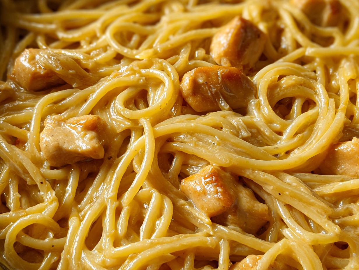 Cremige Spaghetti mit Hähnchenstücken in einer hellgelben Zitronenrahmsoße.