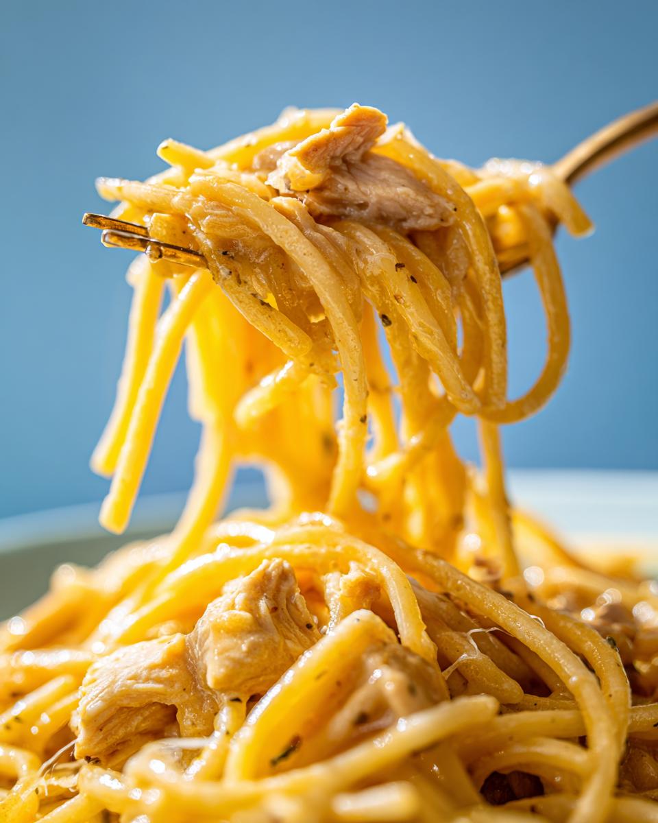 Nahaufnahme von Spaghetti mit Hähnchen in cremiger Zitronenrahmsoße, auf einer Gabel hochgezogen.