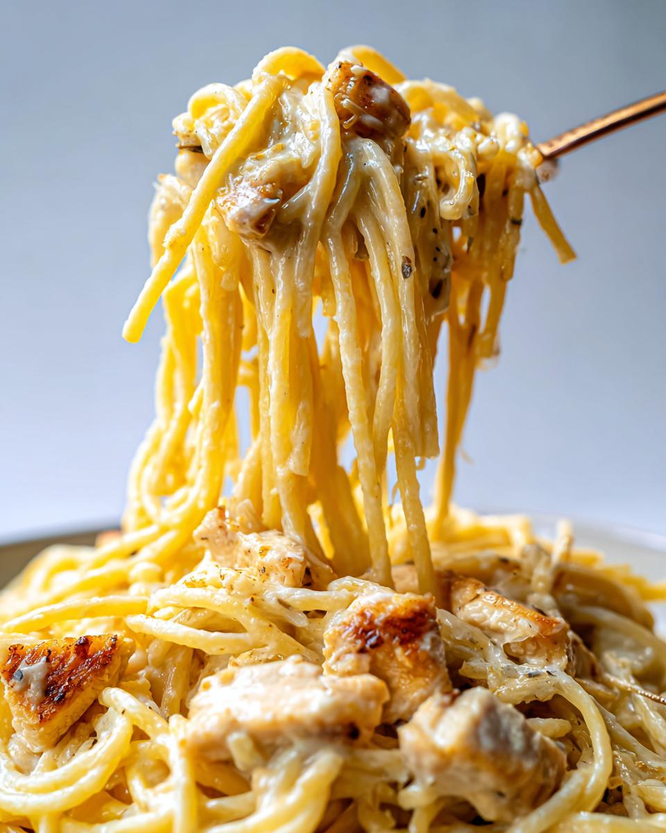 Nahaufnahme von Spaghetti mit Hähnchen in Zitronenrahm, die von einer Gabel gezogen werden.