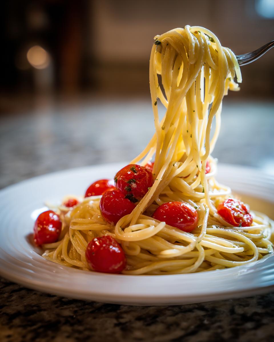 Eine Gabel voll cremiger Spaghetti mit Knoblauchbutter und leuchtend roten Kirschtomaten wird hochgehoben.