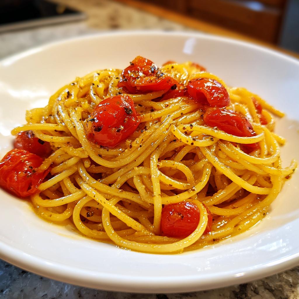 Nahaufnahme von saftigen Spaghetti mit Knoblauchbutter und gebratenen Kirschtomaten.