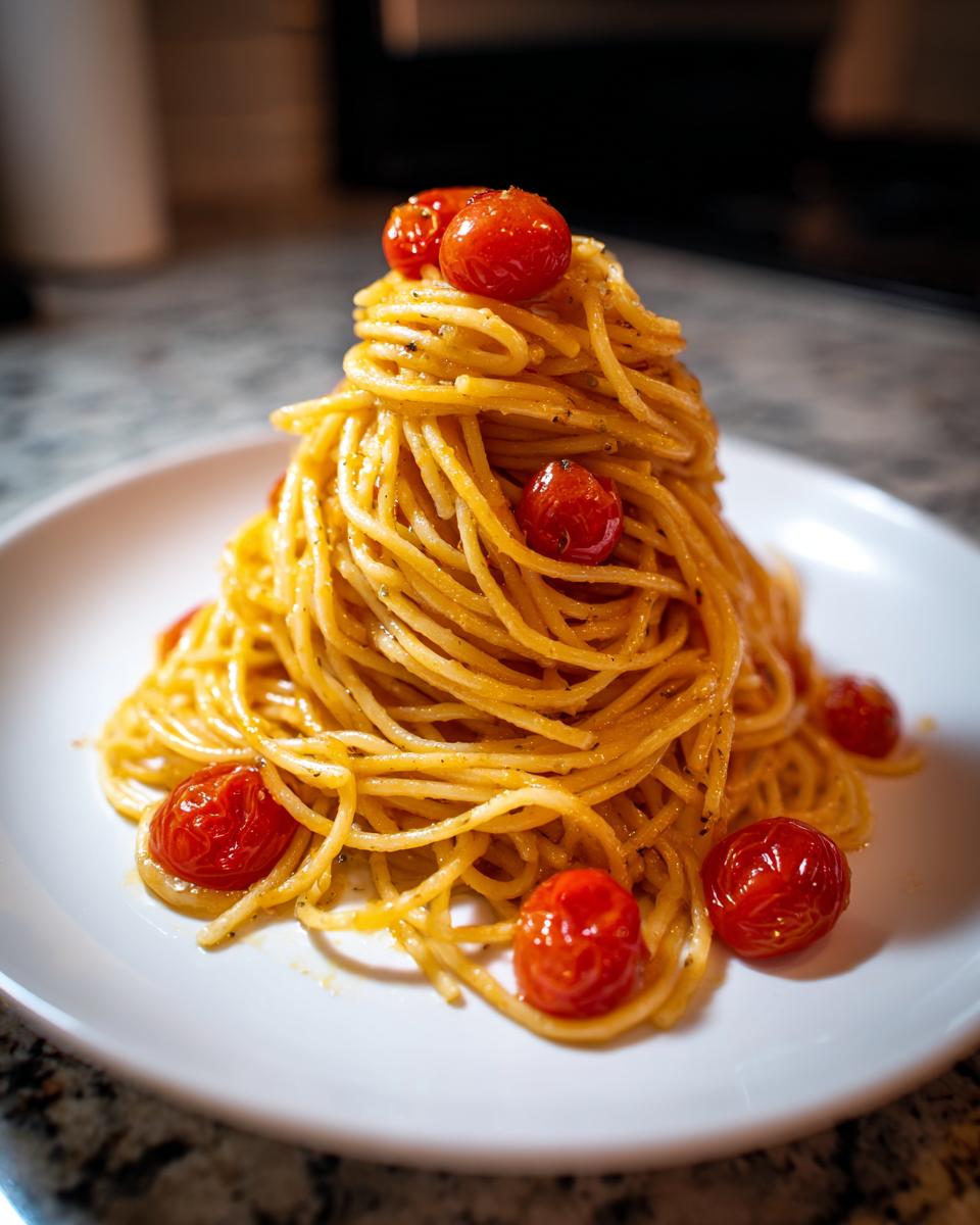 Ein hoher Turm aus Spaghetti mit Knoblauchbutter und glänzenden Kirschtomaten auf einem weißen Teller.