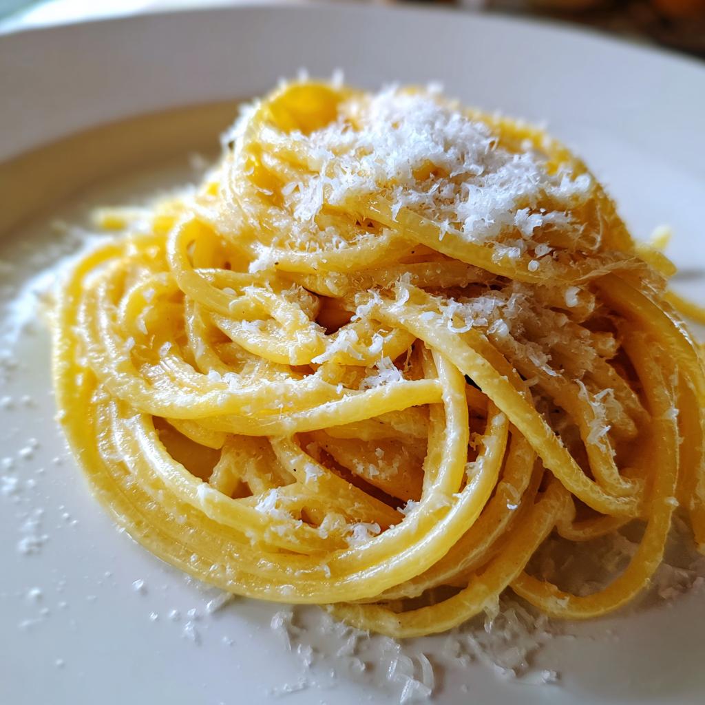 Nahaufnahme von cremigen Spaghetti mit Butter und Pecorino, reichlich mit geriebenem Käse bestreut.