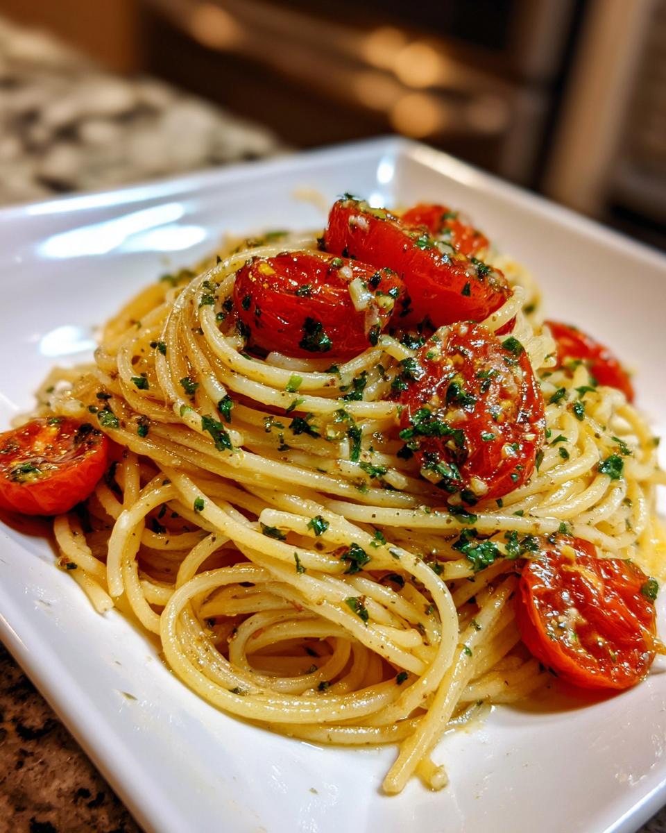 Teller mit Spaghetti mit Knoblauchbutter und Tomaten, üppig mit Petersilie bestreut.