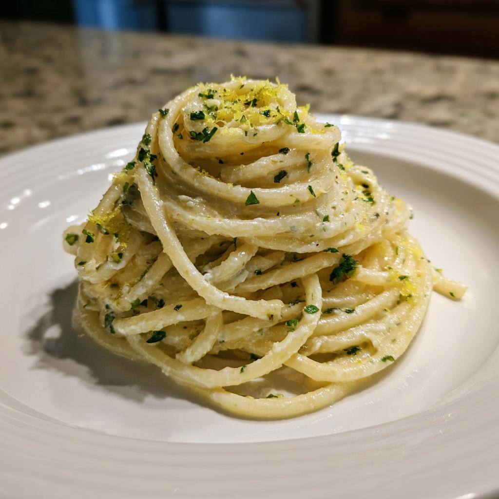 Nahaufnahme von appetitlichen Spaghetti mit Ricotta, garniert mit Zitronenabrieb und frischer Petersilie.