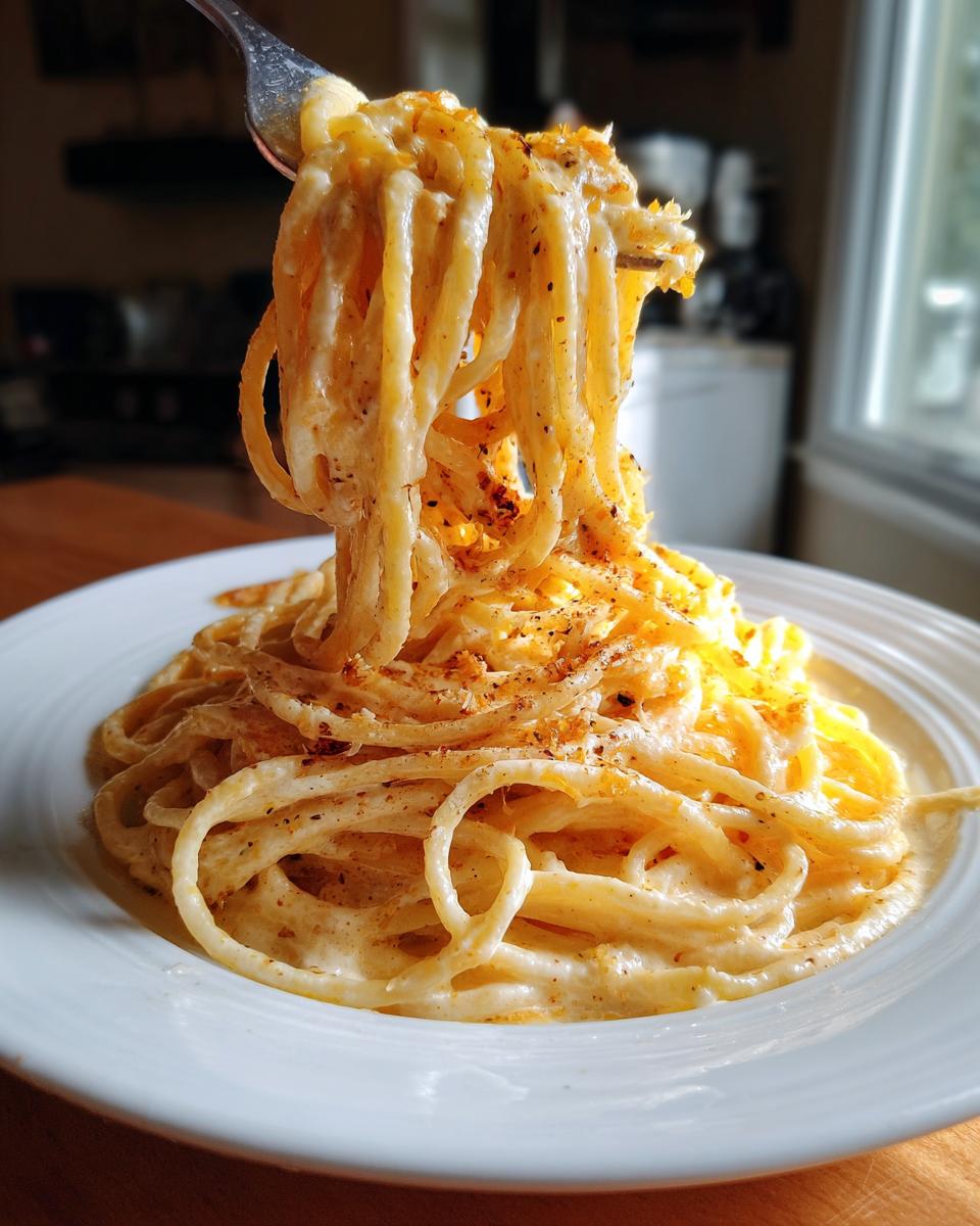 Nahaufnahme von cremigen Spaghetti mit Ricotta, die gerade mit einer Gabel hochgezogen werden, bestreut mit Gewürzen.