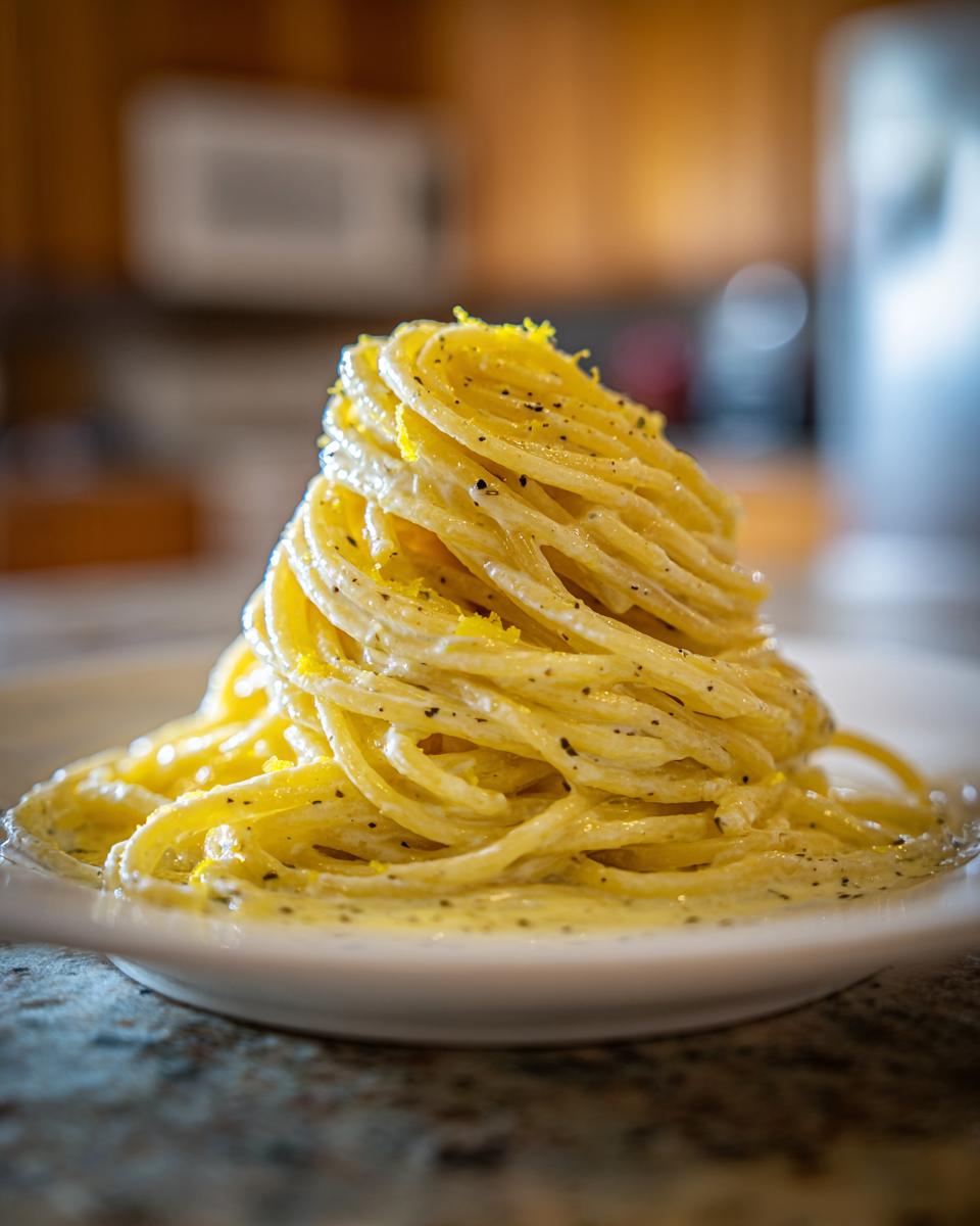 Nahaufnahme von perfekt angerichteten Spaghetti mit Ricotta-Sauce, Pfeffer und Zitronenabrieb.