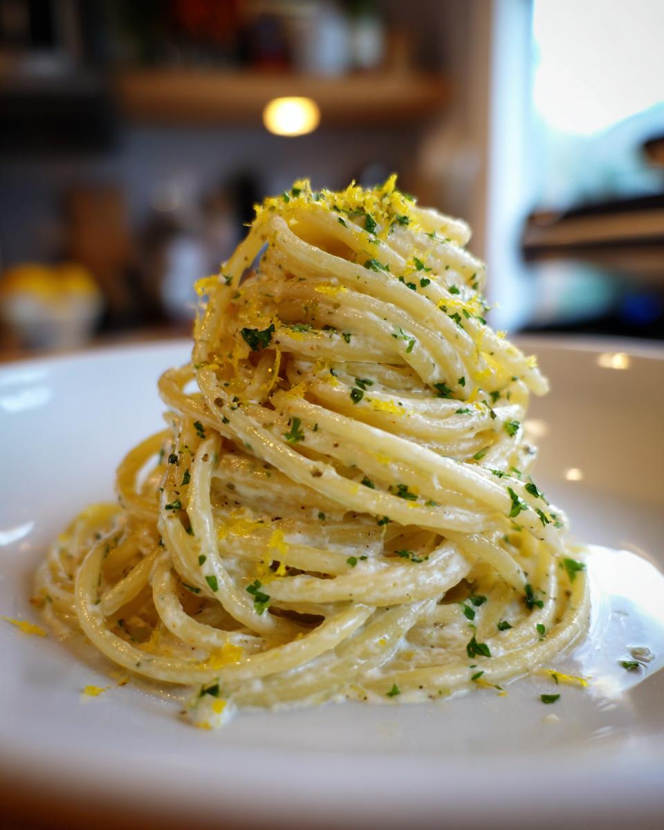 Nahaufnahme von perfekt angerichteten Spaghetti mit Ricotta-Sauce, garniert mit Petersilie und Zitronenabrieb.