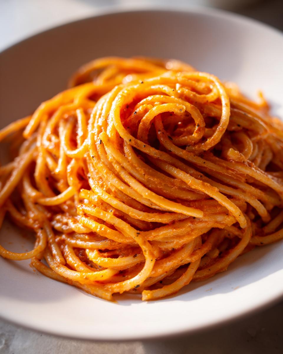 Nahaufnahme von perfekt angerichteten Spaghetti mit Tomaten-Sahnesauce auf einem weißen Teller.