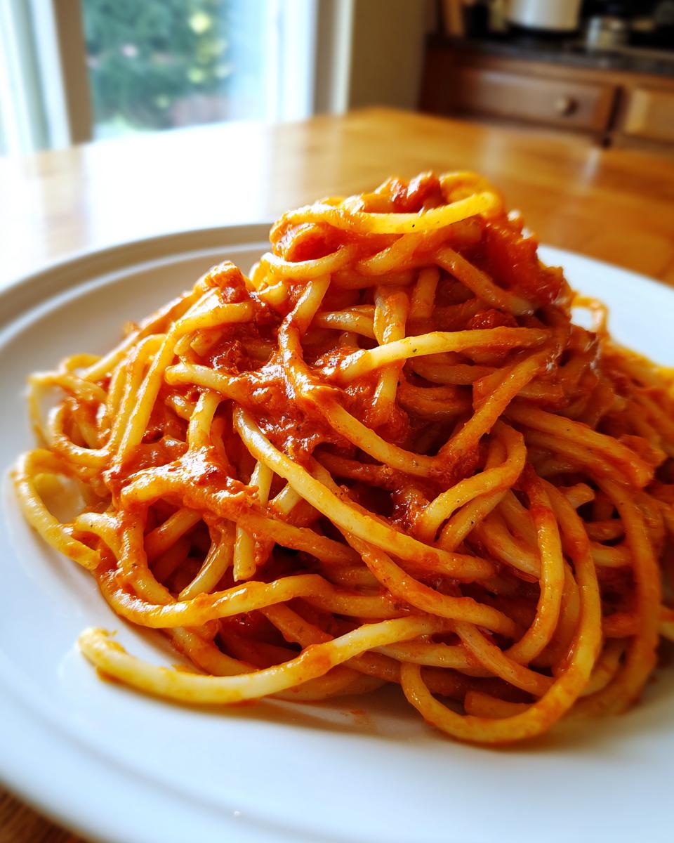 Nahaufnahme von al dente gekochten Spaghetti, üppig bedeckt mit einer cremigen Tomaten-Sahnesauce auf einem weißen Teller.