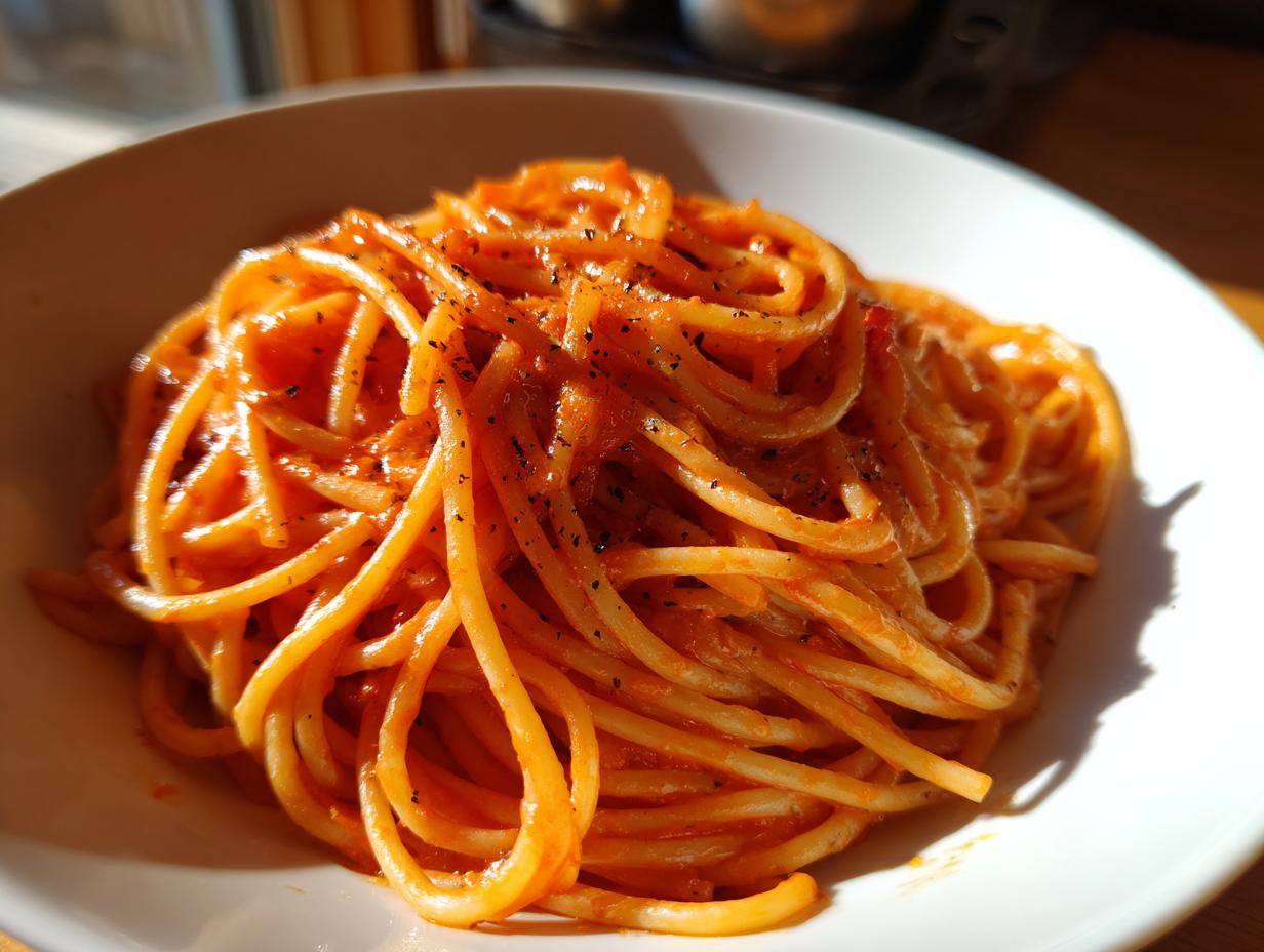 Nahaufnahme von perfekt al dente Spaghetti mit cremiger Tomaten-Sahnesauce, bestreut mit schwarzem Pfeffer.