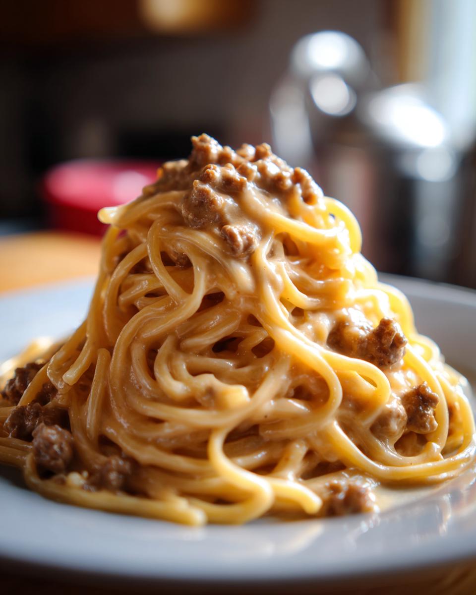 Nahaufnahme von Spaghetti mit Rinderhack in Käserahm, cremig und appetitlich auf einem Teller angerichtet.