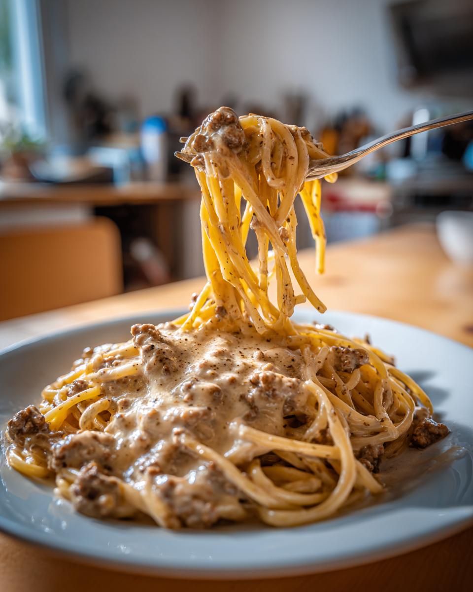 Gabel voller Spaghetti mit Rinderhack in Käserahm wird aus dem Teller gehoben.