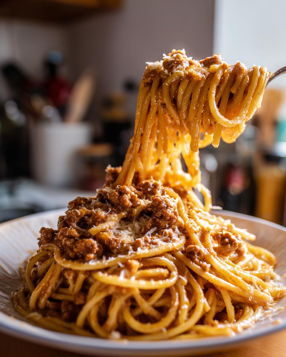 Gabel zieht lange Spaghetti mit reichhaltiger Rinderhack-Käsesauce hoch: Spaghetti mit Rinderhack in Käserahm.