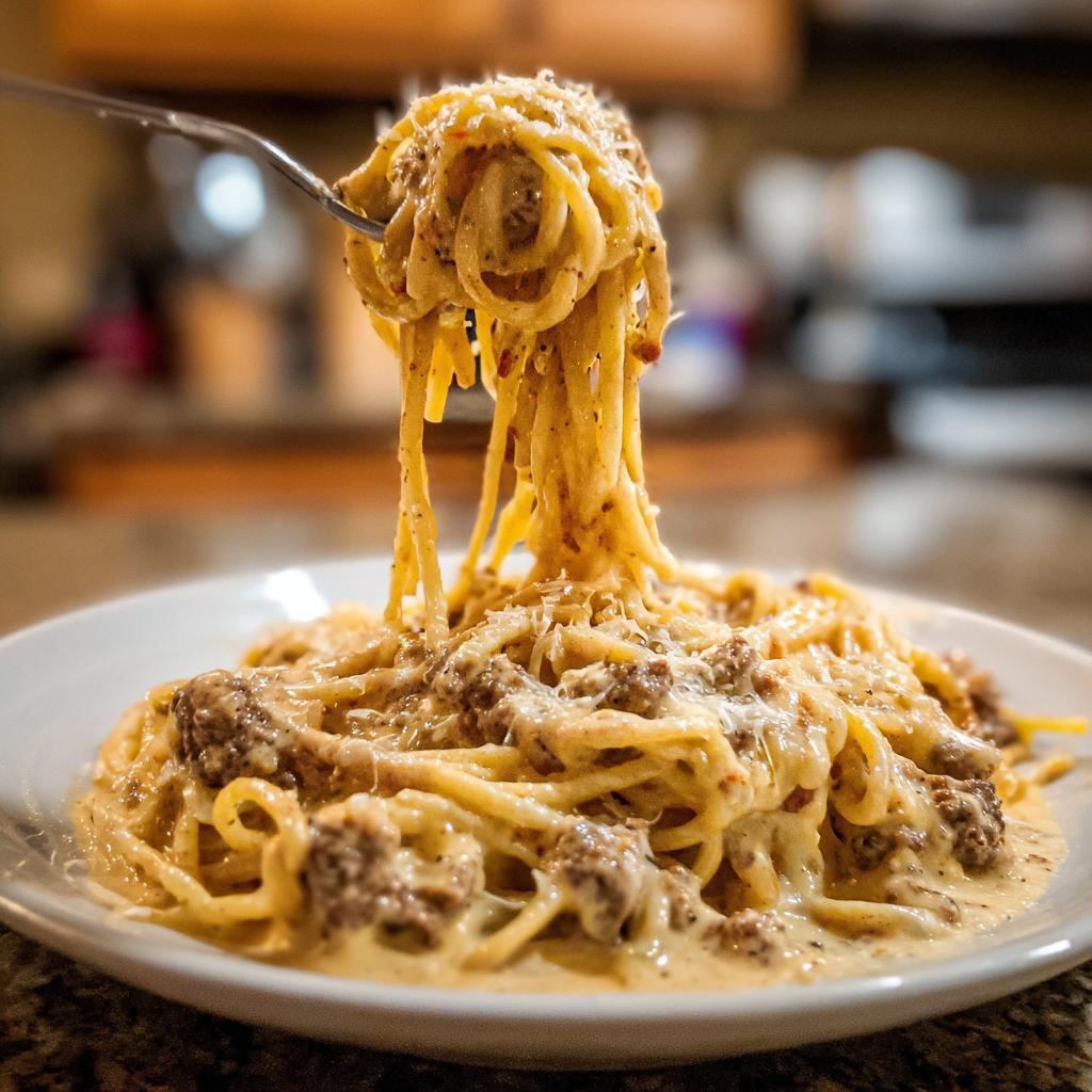 Gabel zieht cremige Spaghetti mit Rinderhack in Käserahm hoch, bestreut mit Parmesan.