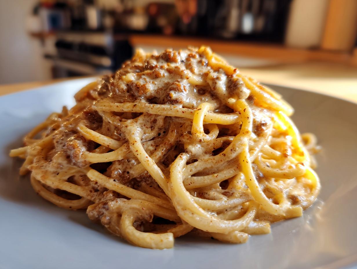 Nahaufnahme von Spaghetti mit Rinderhack in einer cremigen Käsesauce, serviert auf einem grauen Teller.