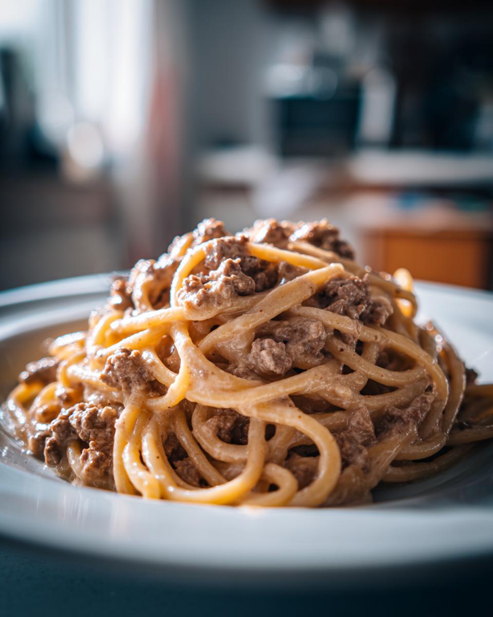 Ein Teller mit cremigen Spaghetti mit Rinderhack in Käserahm, appetitlich angerichtet.