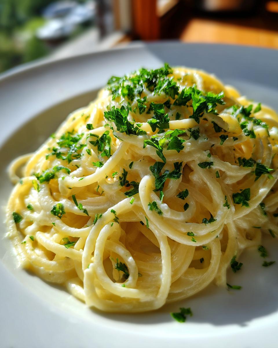 Nahaufnahme von cremigen Spaghetti mit Zitronen-Sahne, garniert mit frischer Petersilie auf einem weißen Teller.
