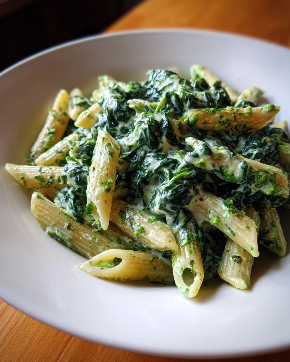 Teller mit cremiger Spinat-Frischkäse-Pasta, Penne-Nudeln umhüllt von einer grünen Soße.