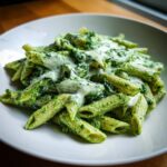 Teller mit cremiger Spinat-Frischkäse-Pasta, Penne mit leuchtend grüner Spinatsauce und weißer Frischkäsehaube.