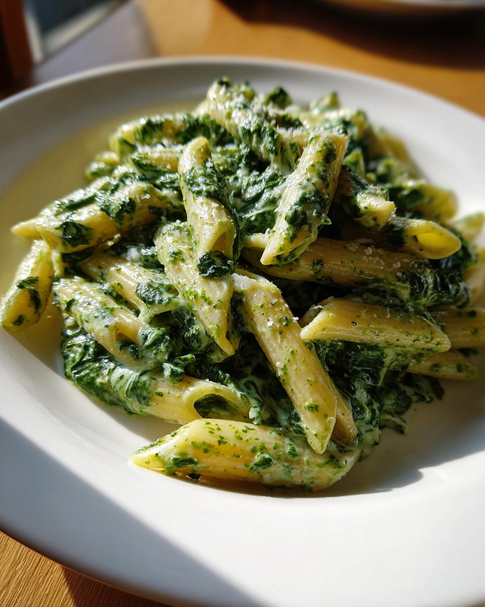 Nahaufnahme von Penne mit cremiger Spinat-Frischkäse-Pasta, bestreut mit Parmesan.