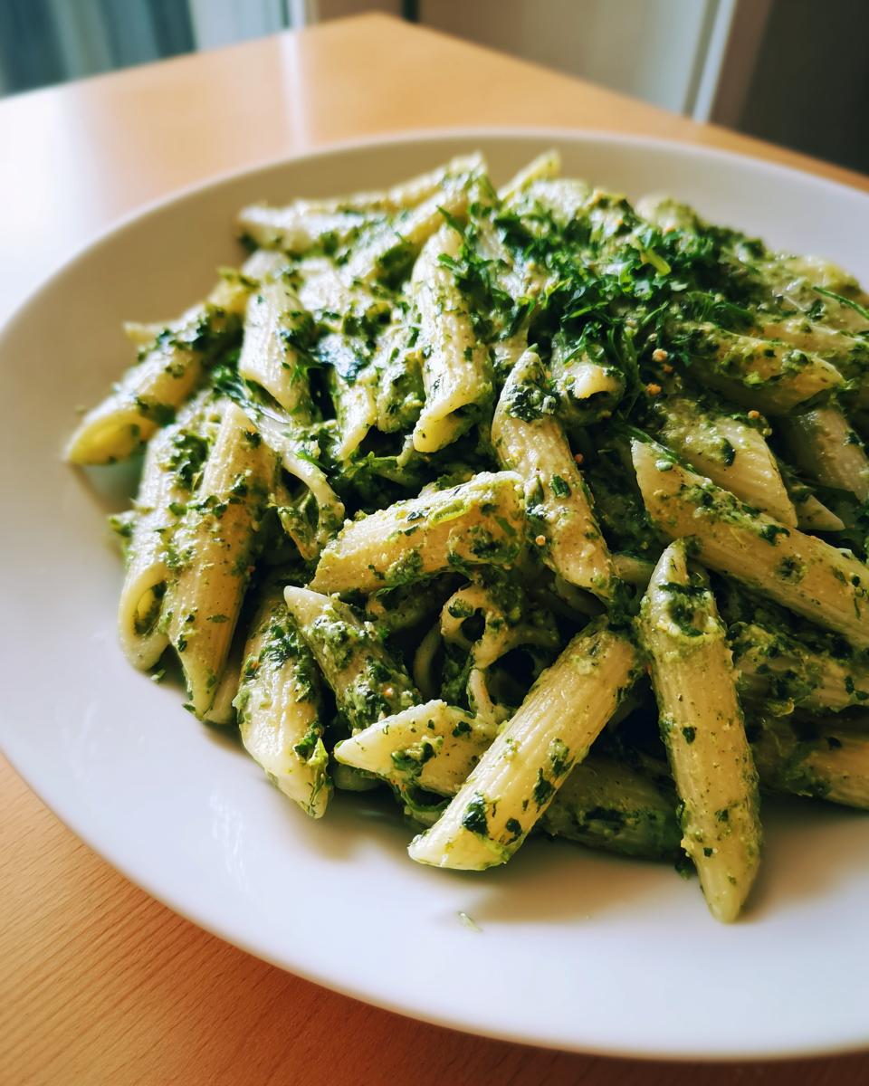 Nahaufnahme von cremiger Spinat-Frischkäse-Pasta (Penne) auf einem weißen Teller, garniert mit frischen Kräutern.