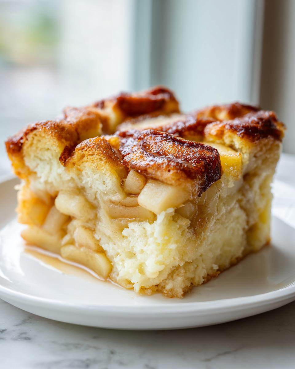 Ein saftiges Stück Apfel-Zimt-Auflauf mit karamellisierten Äpfeln und Zimt auf einem weißen Teller.