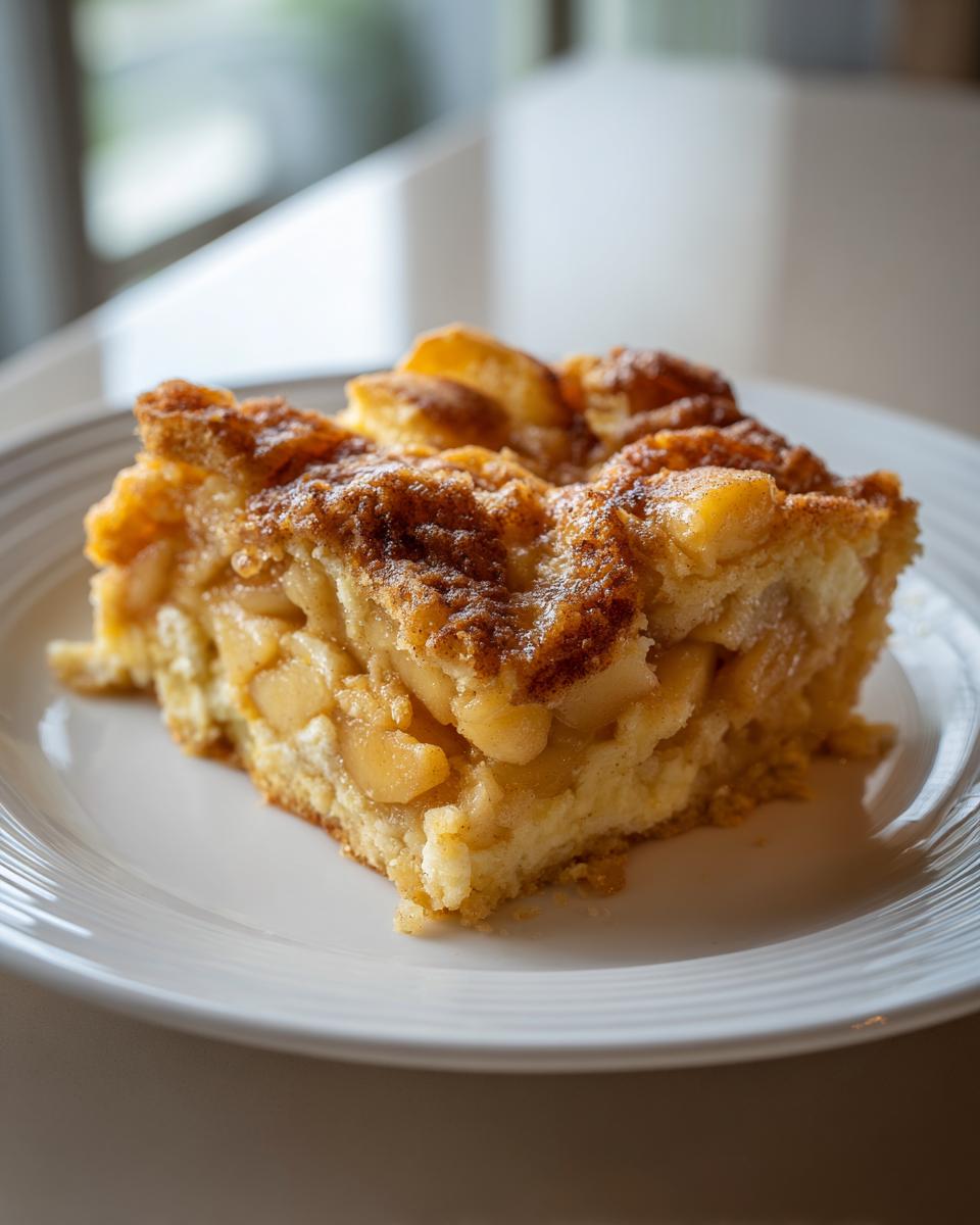 Ein saftiges Stück Apfel-Zimt-Auflauf mit karamellisierten Äpfeln und Zimtstreuseln auf einem weißen Teller.