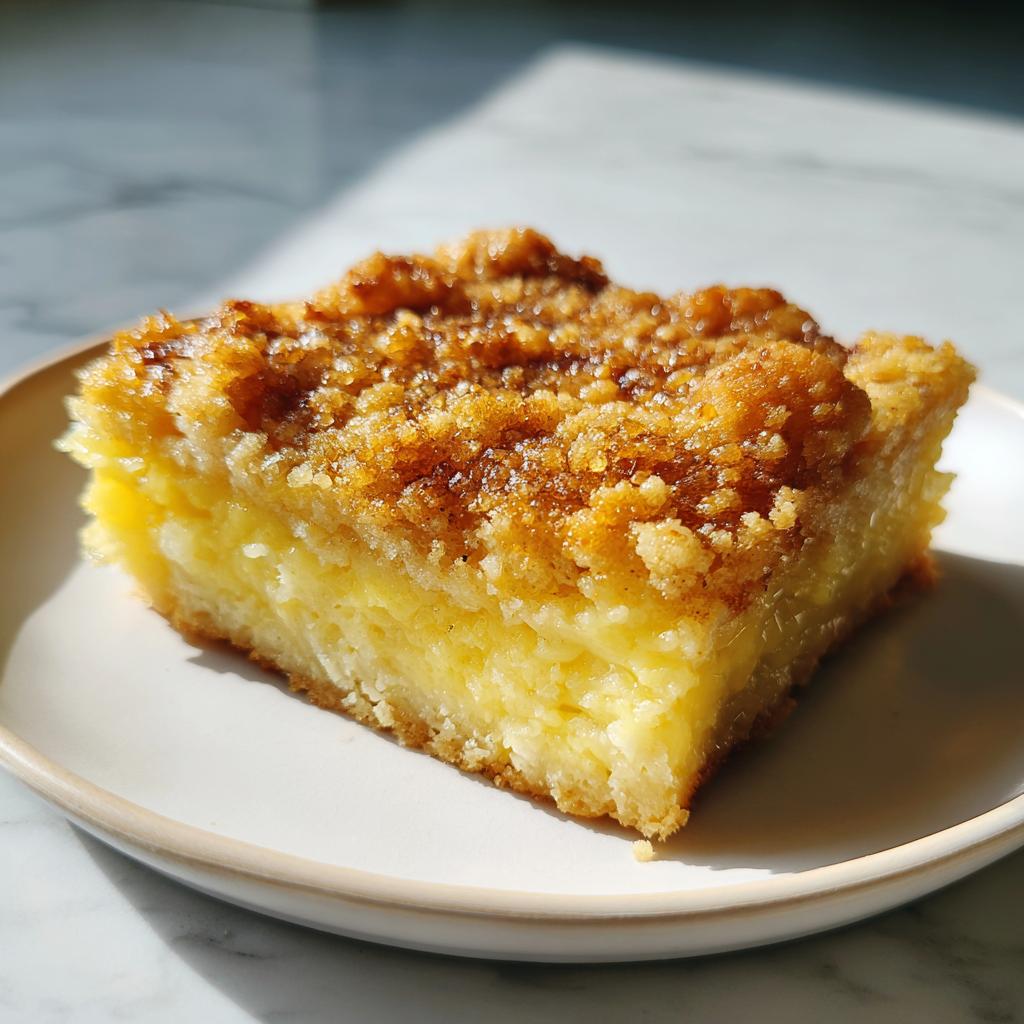 Ein saftiges Stück Puddingstreusel-Auflauf mit knusprigen Streuseln und cremiger Vanillesoße, die herausläuft.