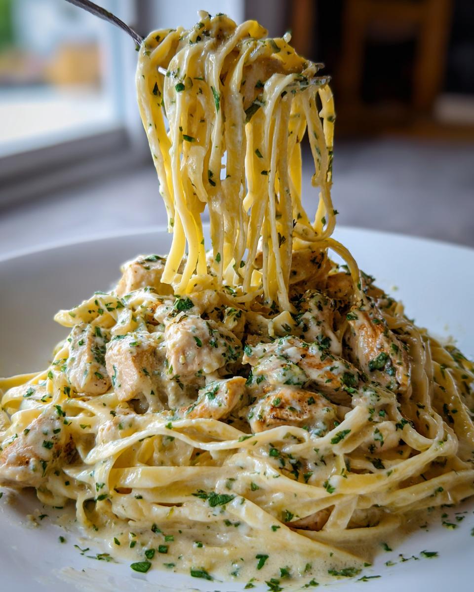 Eine Gabel zieht lange Strähnen Tagliatelle mit Hähnchen in Kräutersahne aus dem Teller.
