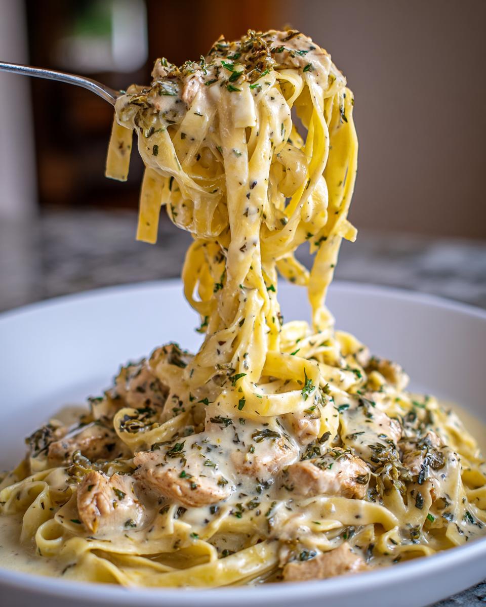Eine Gabel voller cremiger Tagliatelle mit Hähnchen in Kräutersahne wird hochgezogen.
