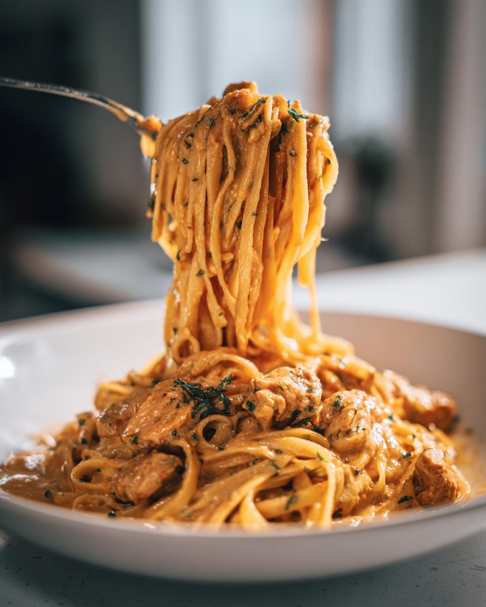 Nahaufnahme von Tagliatelle mit Hähnchen in Kräutersahne, die gerade mit einer Gabel hochgezogen werden.