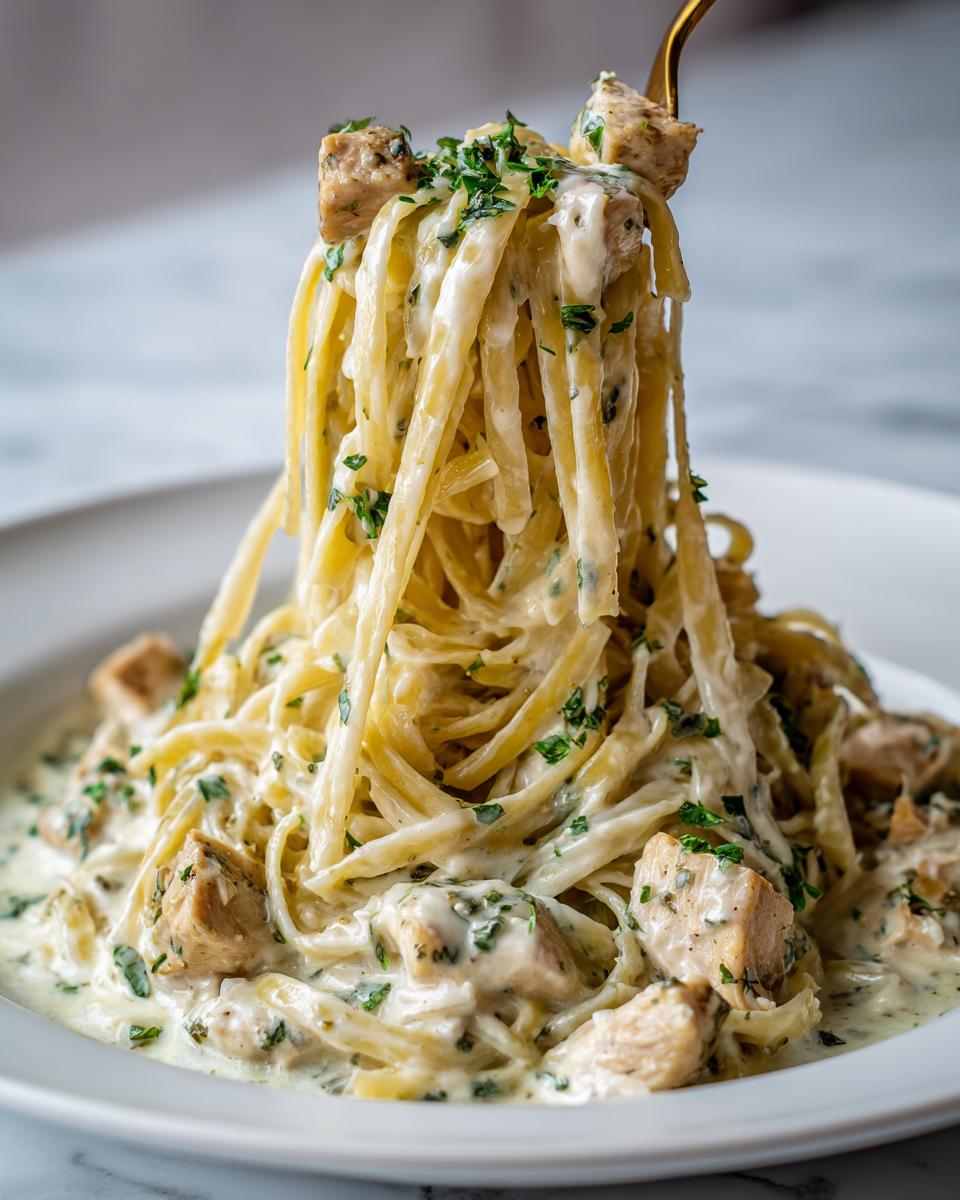 Nahaufnahme von Tagliatelle mit Hähnchen in Kräutersahne, wobei eine goldene Gabel eine Portion hochzieht.