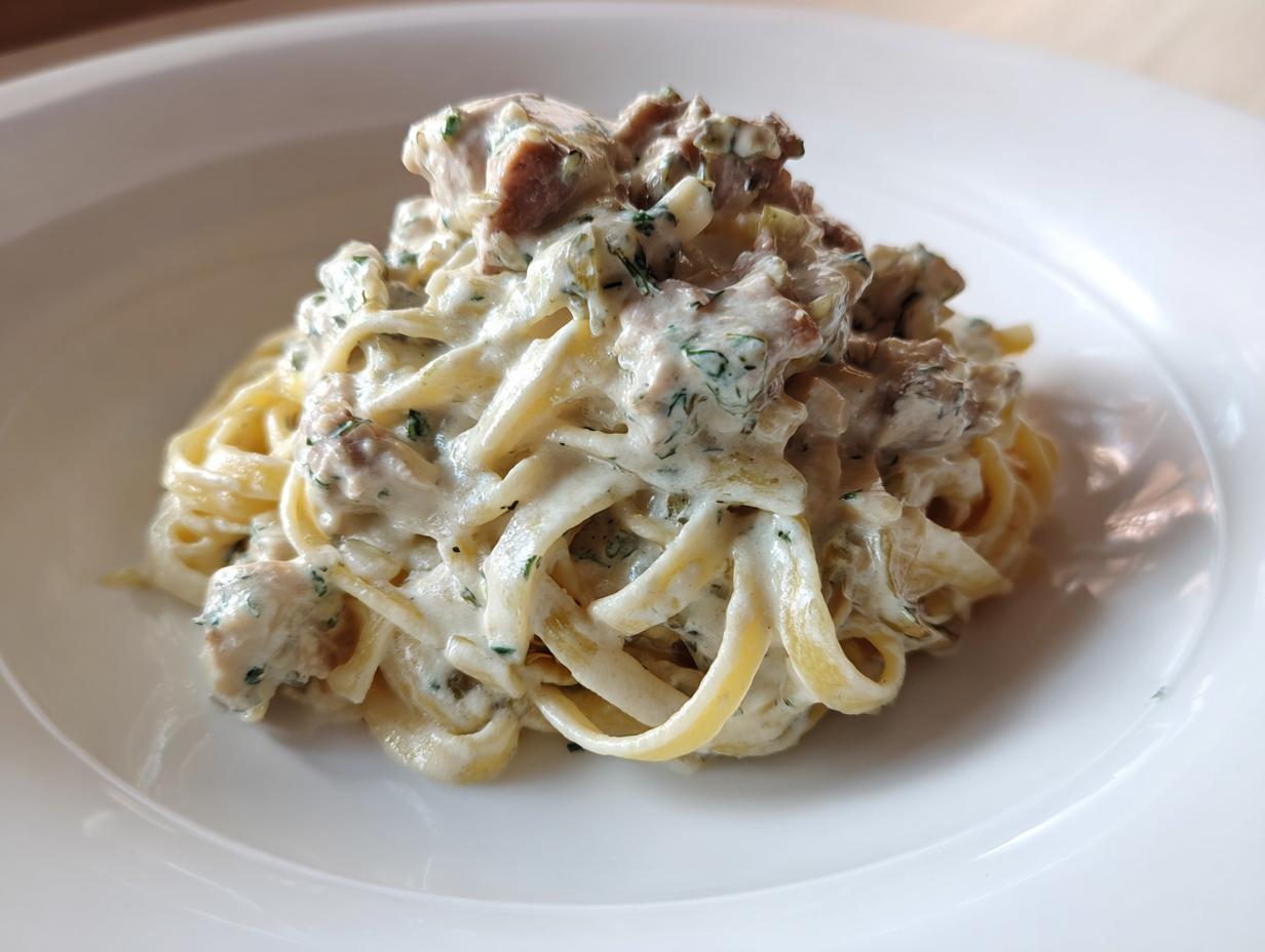 Cremige Tagliatelle mit Hähnchen in Kräutersahne, appetitlich angerichtet auf einem weißen Teller.