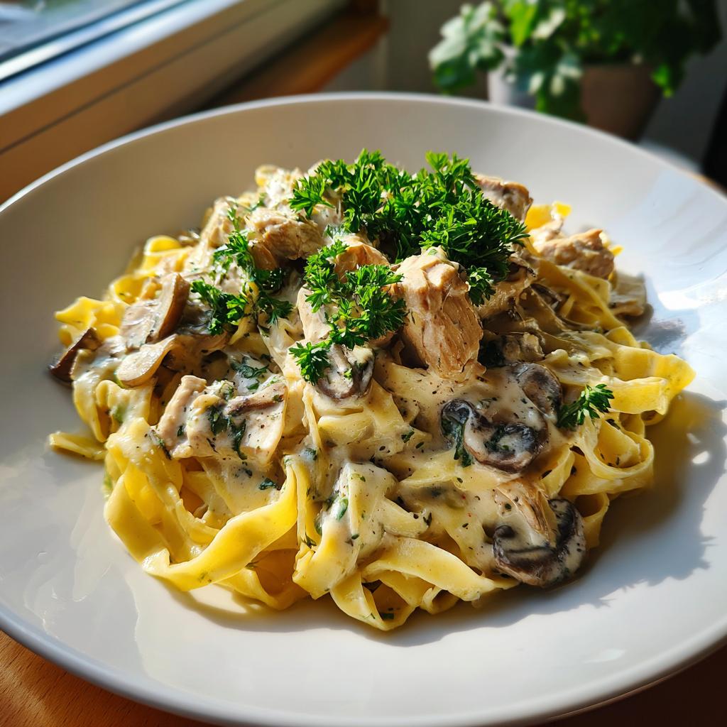 Cremige Tagliatelle mit Hähnchen in Pilzrahm, garniert mit frischer Petersilie, angerichtet in einer weißen Schale.