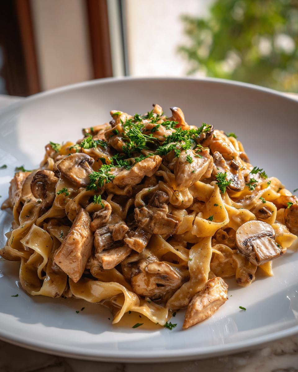 Teller mit cremigen Tagliatelle mit Hähnchen in Pilzrahm, garniert mit frischer Petersilie.