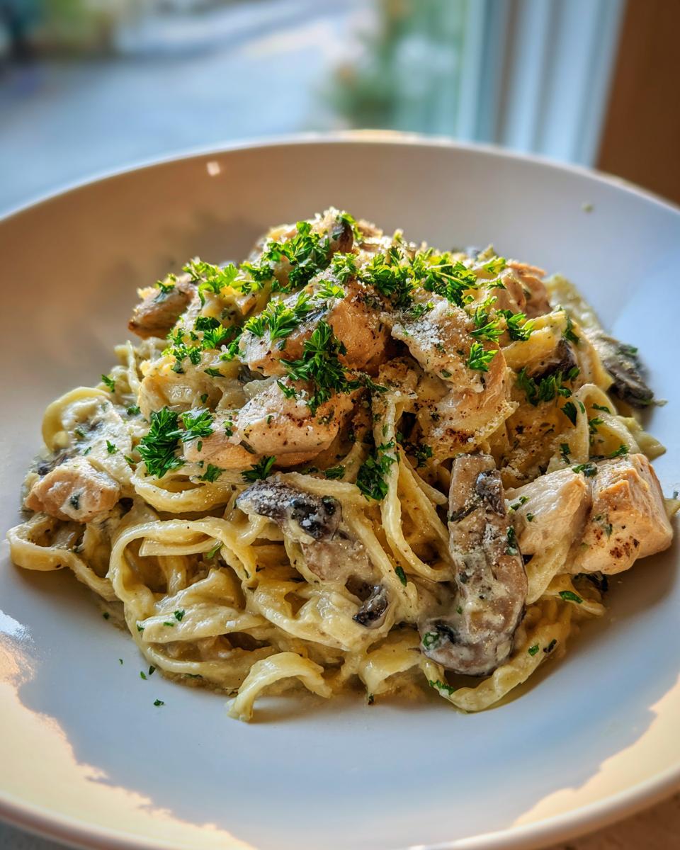 Teller mit cremigen Tagliatelle mit Hähnchen in Pilzrahm, garniert mit Petersilie und Parmesan.