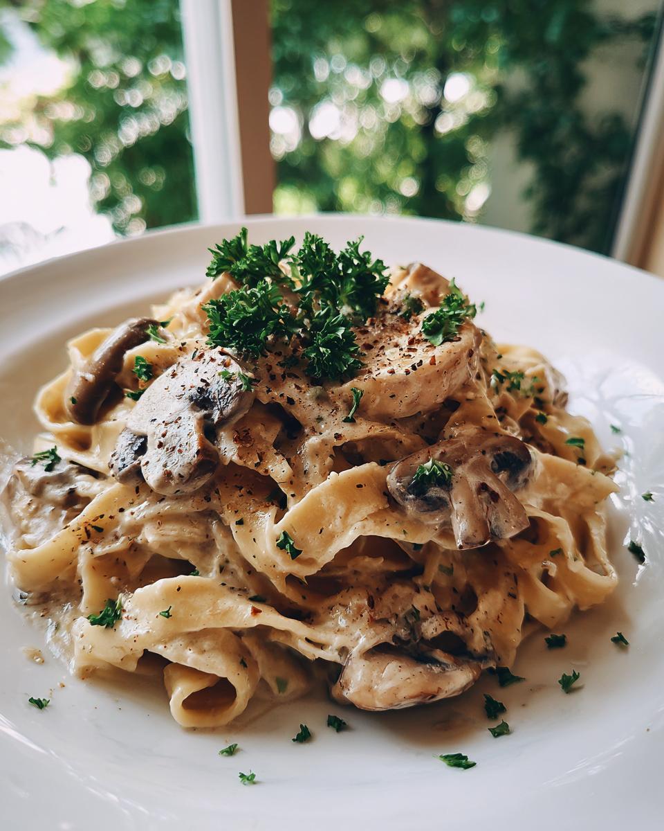 Eine Portion cremige Tagliatelle mit Hähnchen in Pilzrahm, garniert mit frischer Petersilie.