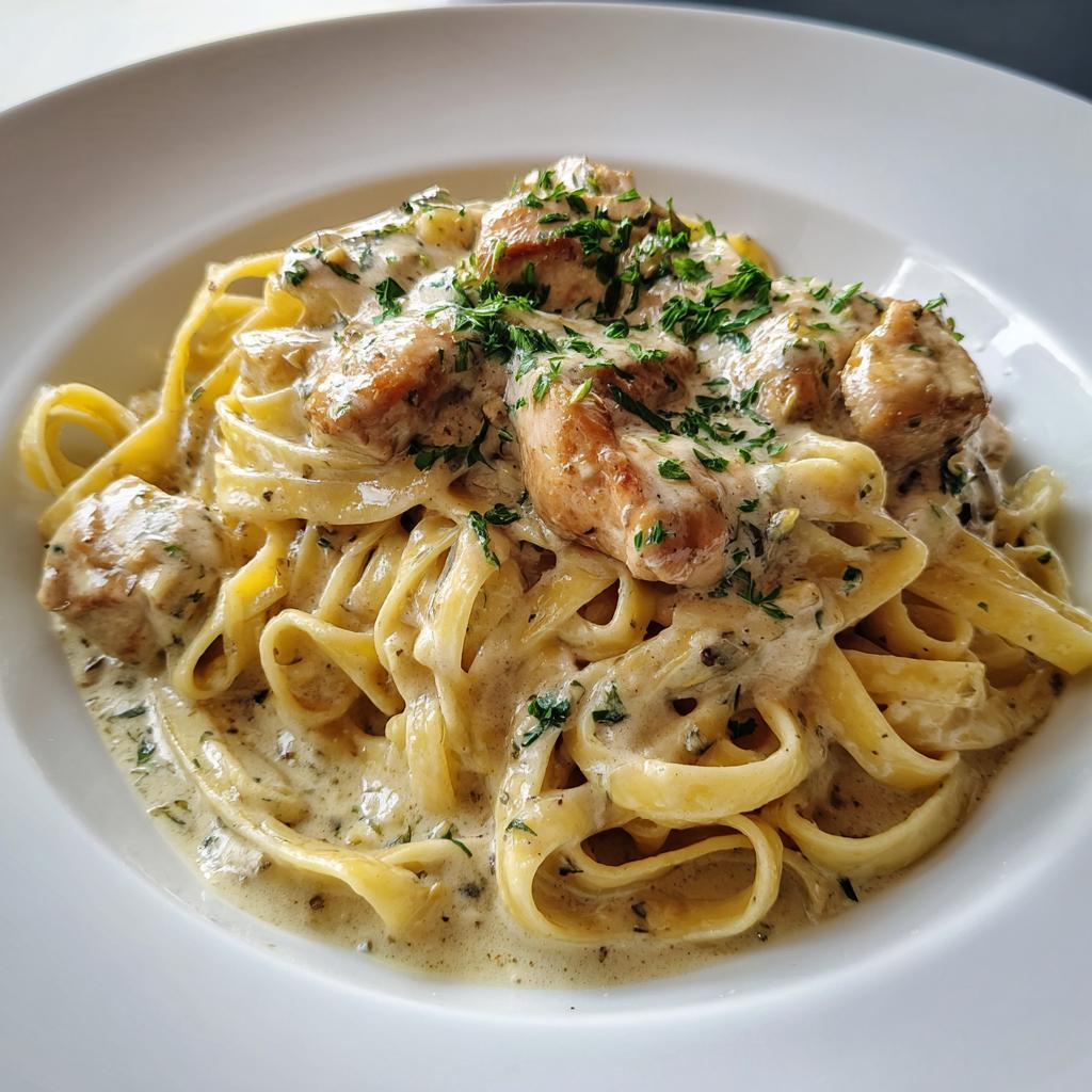 Köstliche Tagliatelle mit Hähnchen in Kräutersahne, üppig bedeckt mit cremiger Sauce und frischer Petersilie.
