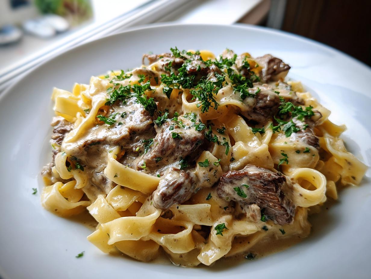 Nahaufnahme von Tagliatelle mit Steakstreifen in Pfefferrahm, garniert mit frischer Petersilie auf einem weißen Teller.