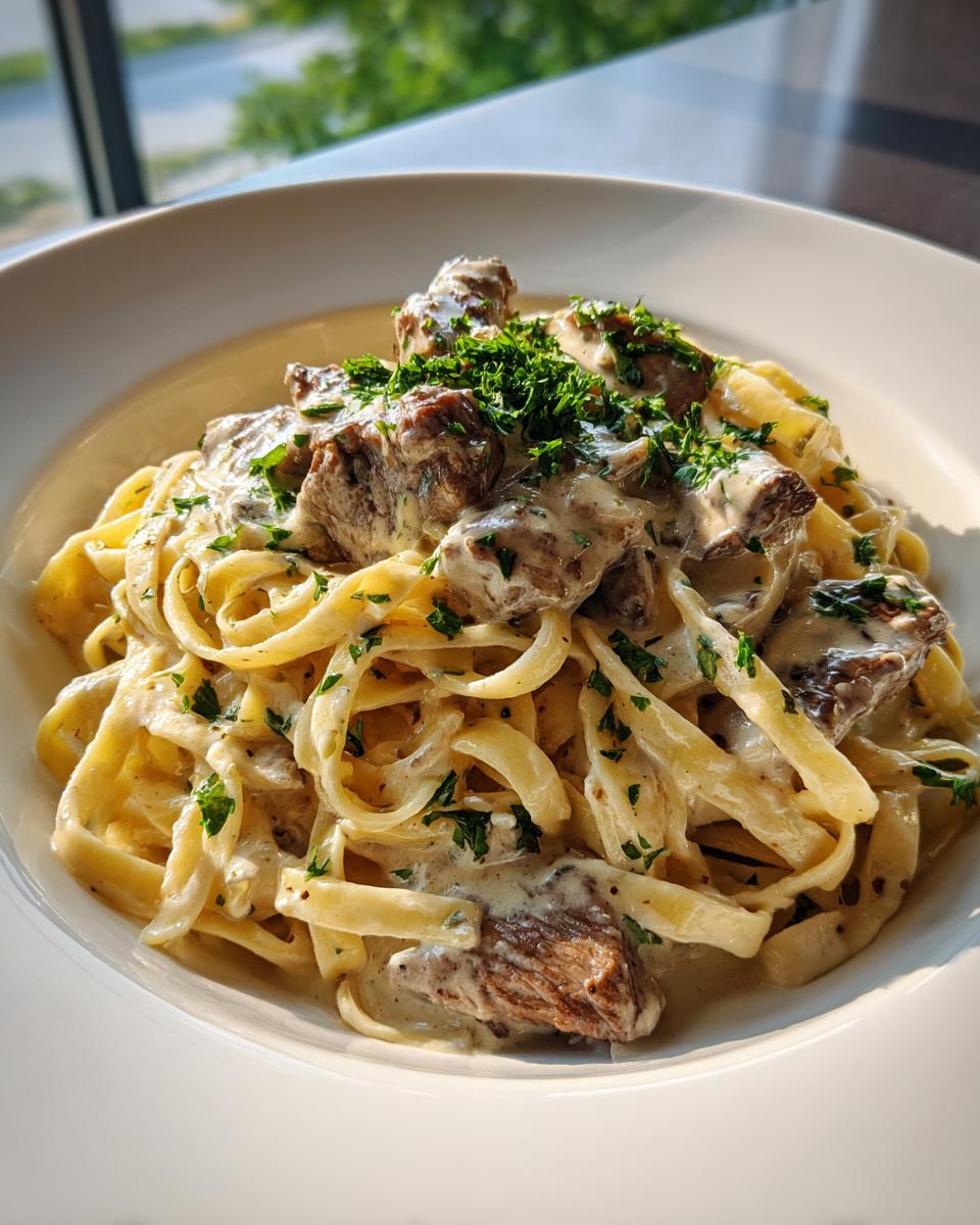 Teller mit cremigen Tagliatelle mit Steakstreifen in Pfefferrahm, garniert mit frischer Petersilie.